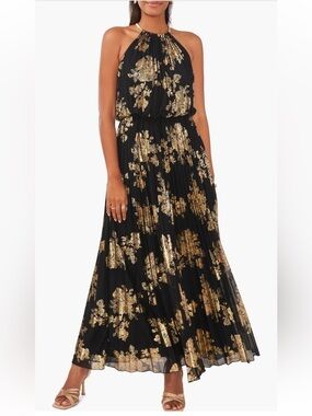 MSK Black & Gold Metallic Floral Pleated Halter Maxi Dress Size 12